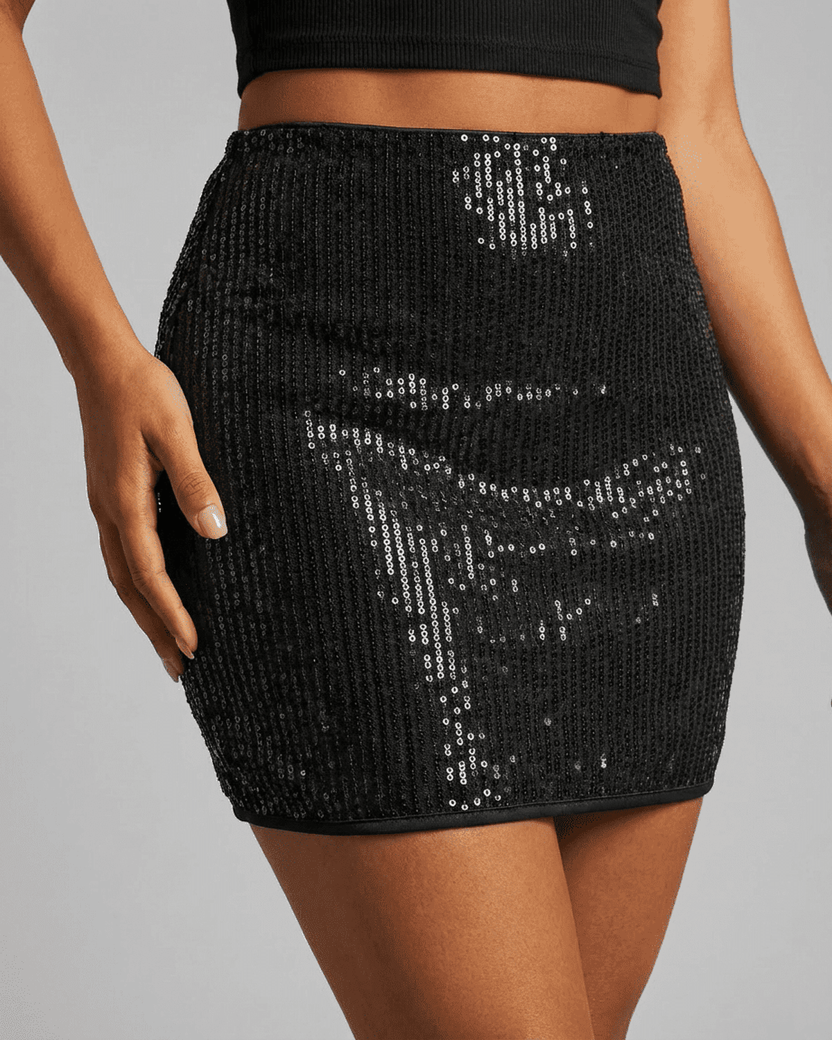 Noiré Mini Skirt by Lauven – Sequin high waist bodycon mini skirt showcasing a sculpting fit and refined shine.