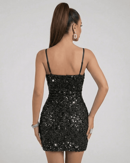 Back view of the Noiré Sequin Dress by Lauven, showcasing a mini bodycon silhouette with sparkling black sequins.