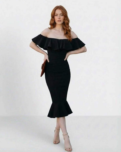 Noiréa Midi Dress by Lauven - Off shoulder ruffled midi dress with bodycon fit, ideal for cocktail and evening wear.