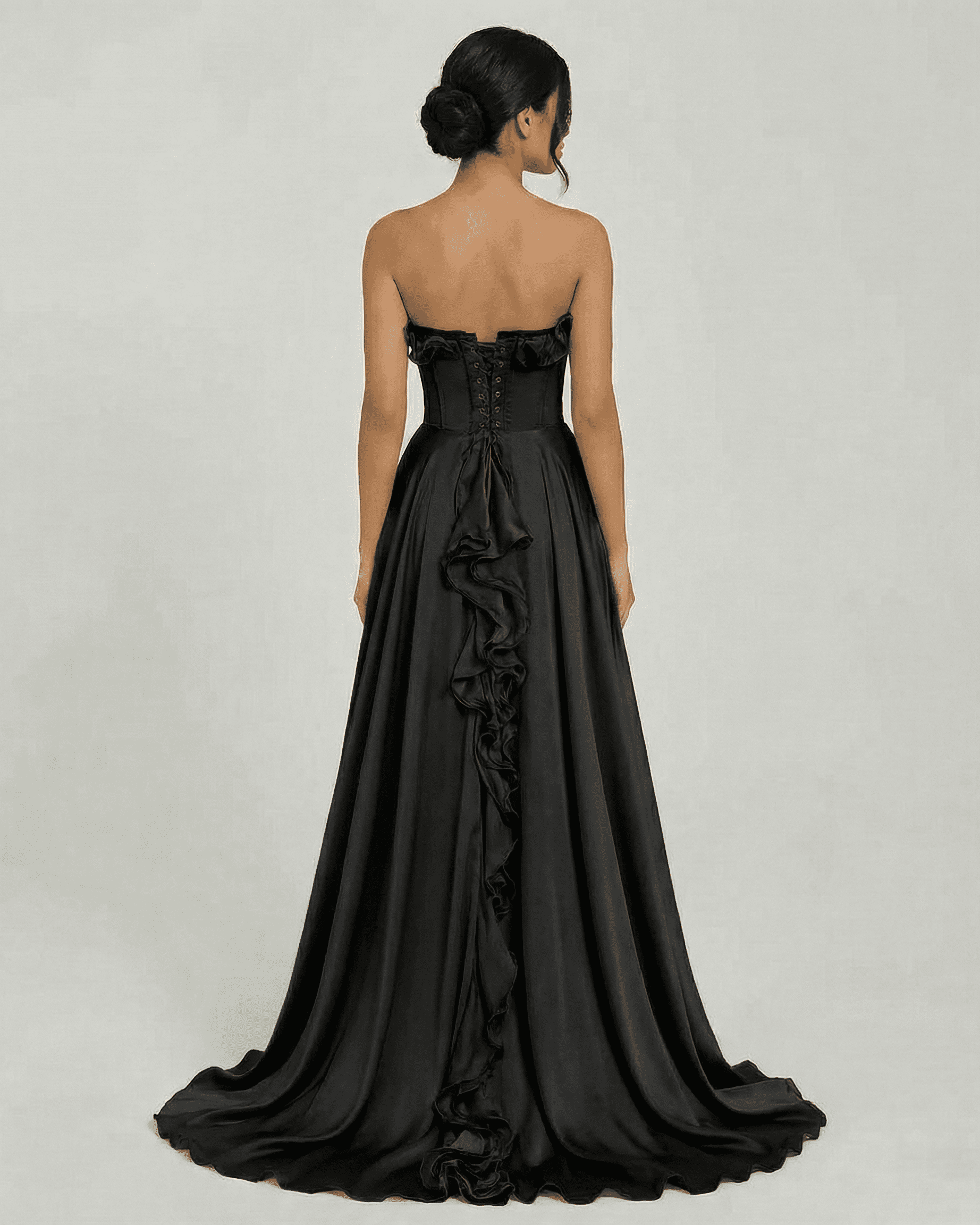 Noirelle Maxi Dress by Lauven - Elegant strapless black dress with ruffle detail and flowing silhouette.