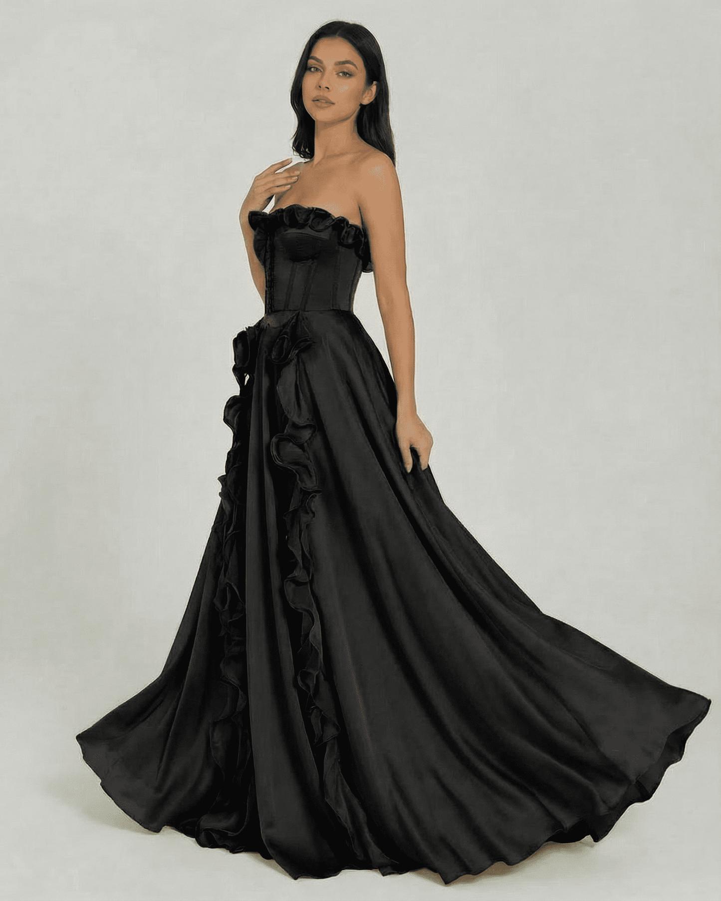 Noirelle Maxi Dress by Lauven - Elegant strapless black maxi dress with ruffle detail and flowing silhouette.