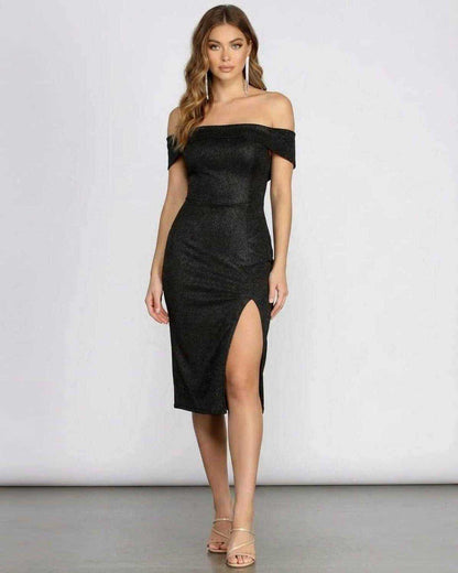 Noirelle Midi Dress by Lauven, off shoulder glitter midi dress with side slit, elegant black silhouette for special occasions.