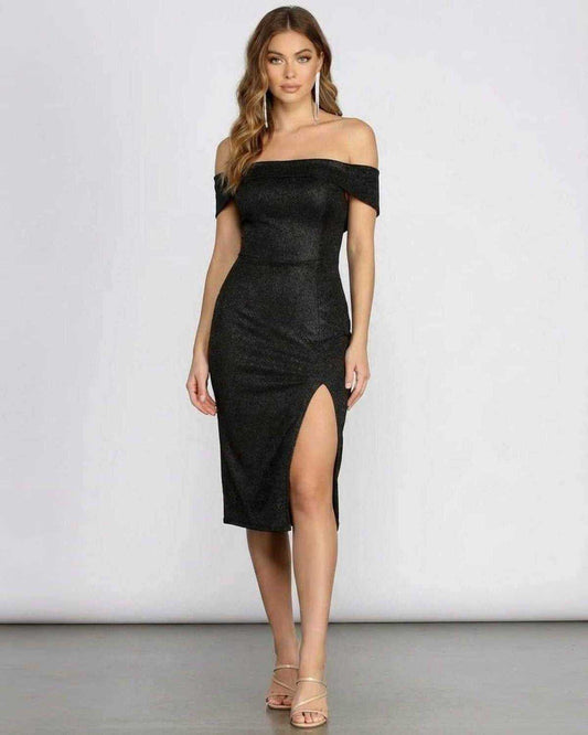 Noirelle Midi Dress by Lauven, off shoulder glitter midi dress with side slit, elegant black silhouette for special occasions.
