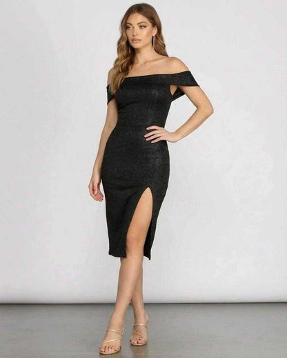 Noirelle Midi Dress by Lauven - Off shoulder glitter midi dress showcasing elegance and sophistication.