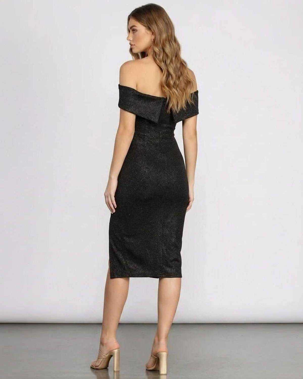 Noirelle Midi Dress by Lauven, elegant off shoulder design showcasing a shimmering black glitter fabric.