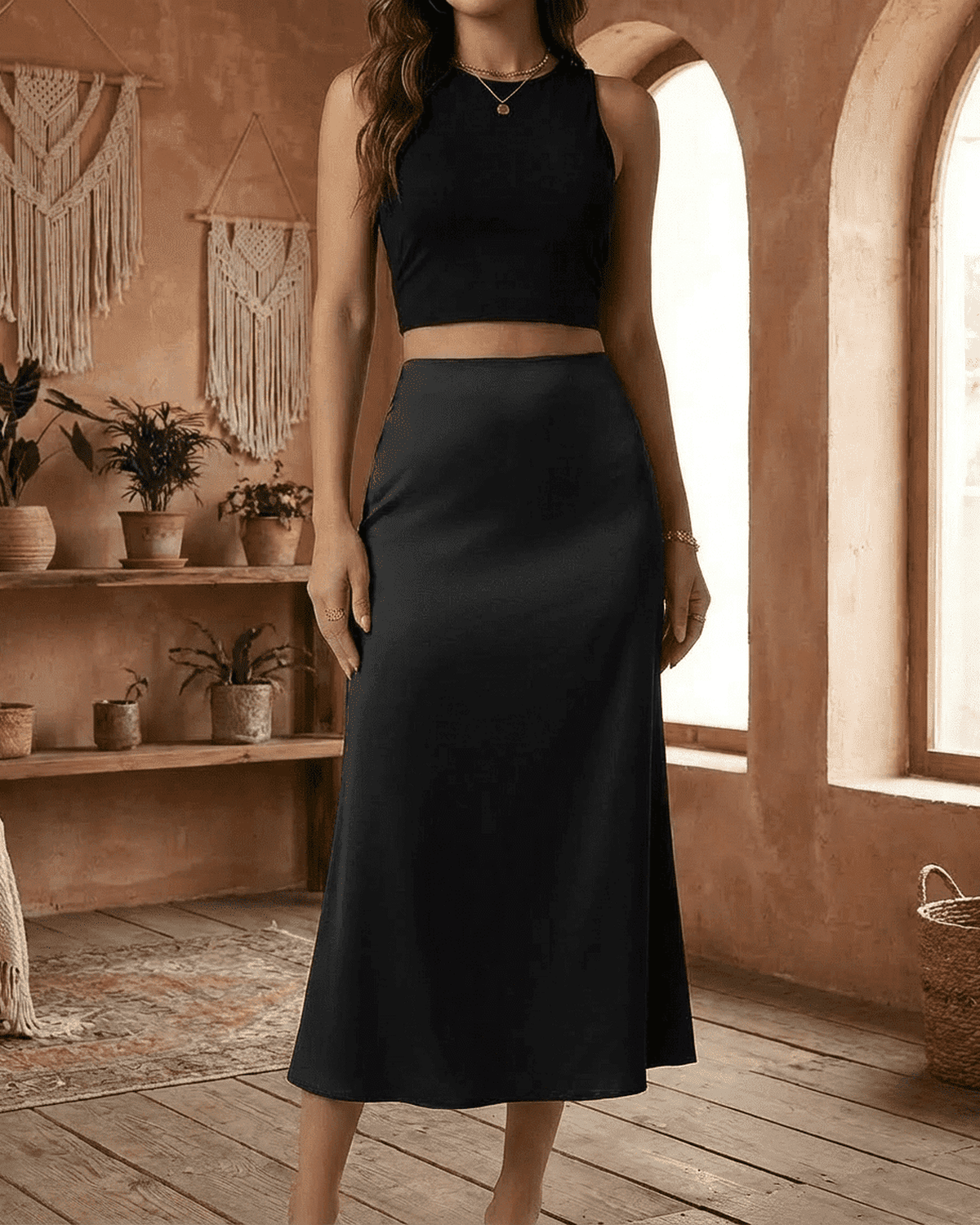 Noirelle Midi Skirt by Lauven - Sleek satin mermaid midi skirt in black, perfect for timeless elegance.