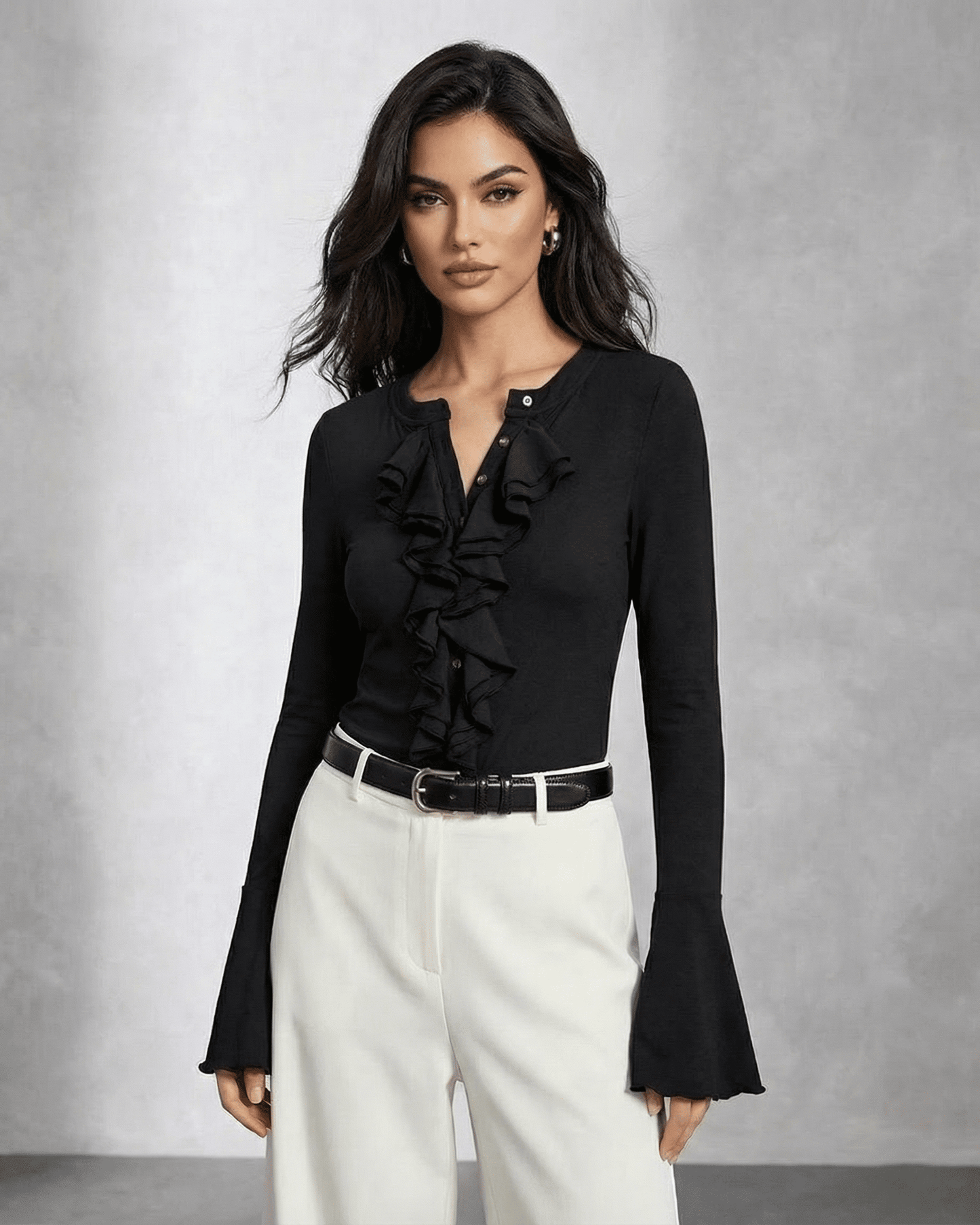 Lauven Nova Blouse featuring elegant ruffle detail and flare sleeves, perfect for sophisticated styling.