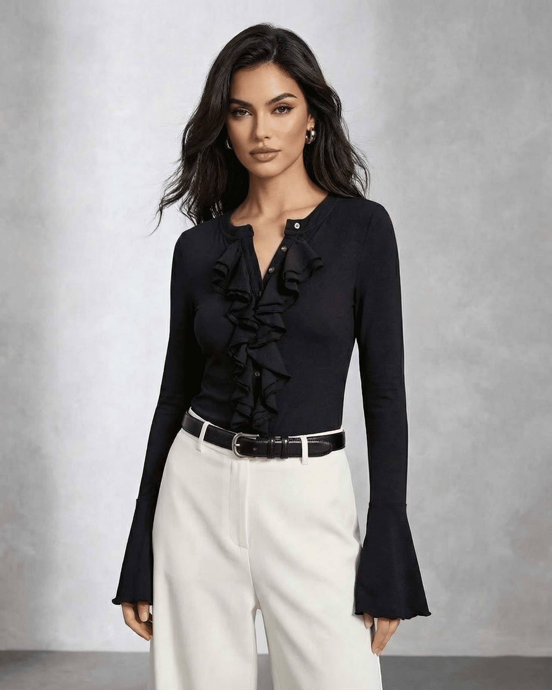 Lauven Nova Blouse featuring elegant ruffle detail and flare sleeves, perfect for sophisticated styling.