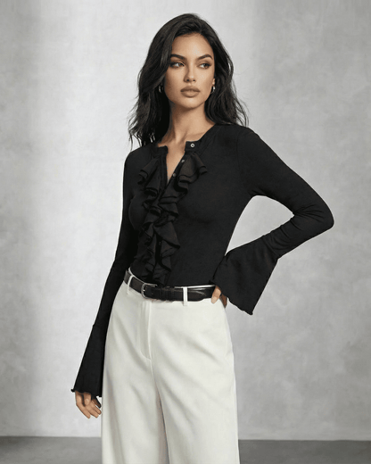 Nova Blouse by Lauven featuring elegant ruffle detail and flare sleeves for sophisticated style.