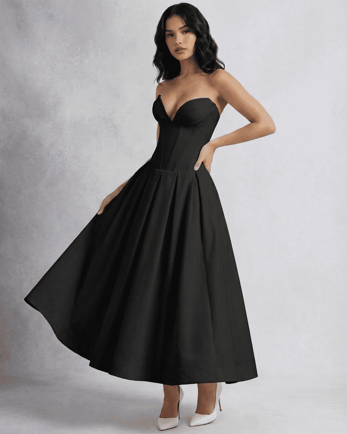 Nova Midi Dress by Lauven - Elegant strapless corset A-line dress in black with a flowing skirt.