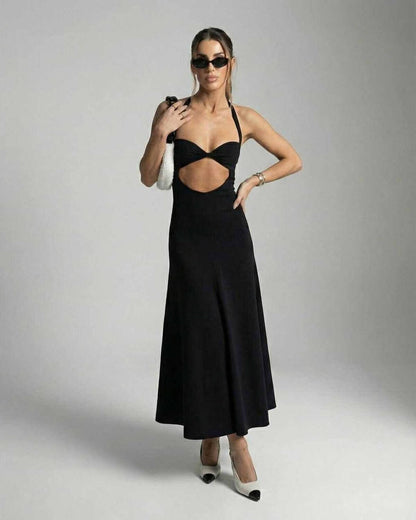 Nova Midi Dress by Lauven – Elegant cutout halter dress perfect for evening and club events.