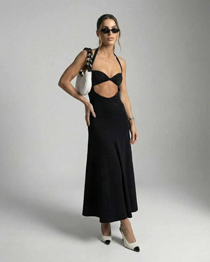Nova Midi Dress by Lauven – Elegant cutout halter dress perfect for evening and club events.