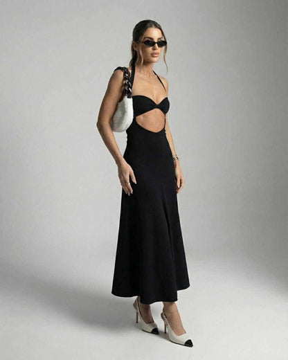 Nova Midi Dress by Lauven – Elegant cutout halter dress showcasing a slim fit silhouette.