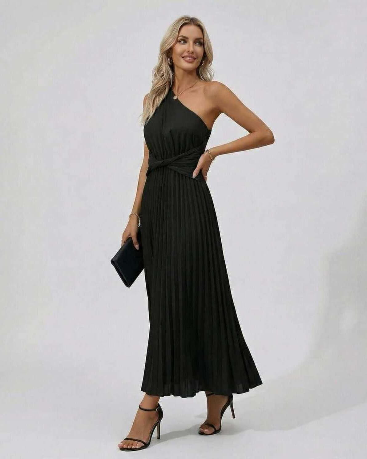 Image of the Nova Midi Dress by Lauven featuring a one-shoulder twist front and pleated hem, perfect for elegant evening wear.
