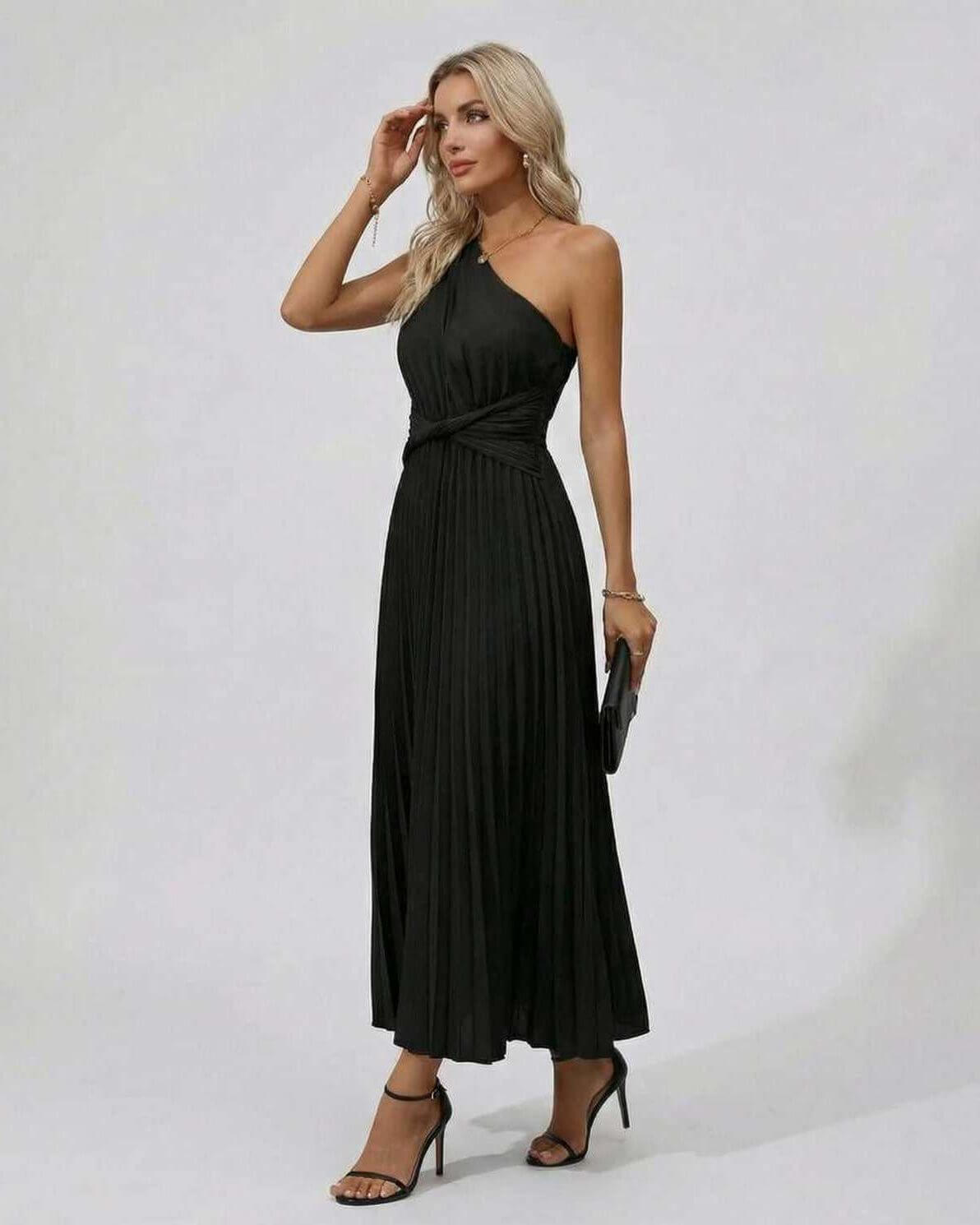 Nova Midi Dress by Lauven - Elegant one-shoulder twist front with pleated hem for sophisticated evening wear.