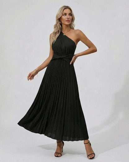Nova Midi Dress by Lauven - Elegant one shoulder twist front with pleated hem in black, perfect for evening wear.