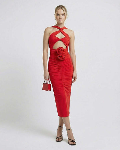 Nova Midi Dress by Lauven – Elegant red sheath with strappy details for a bold evening statement.