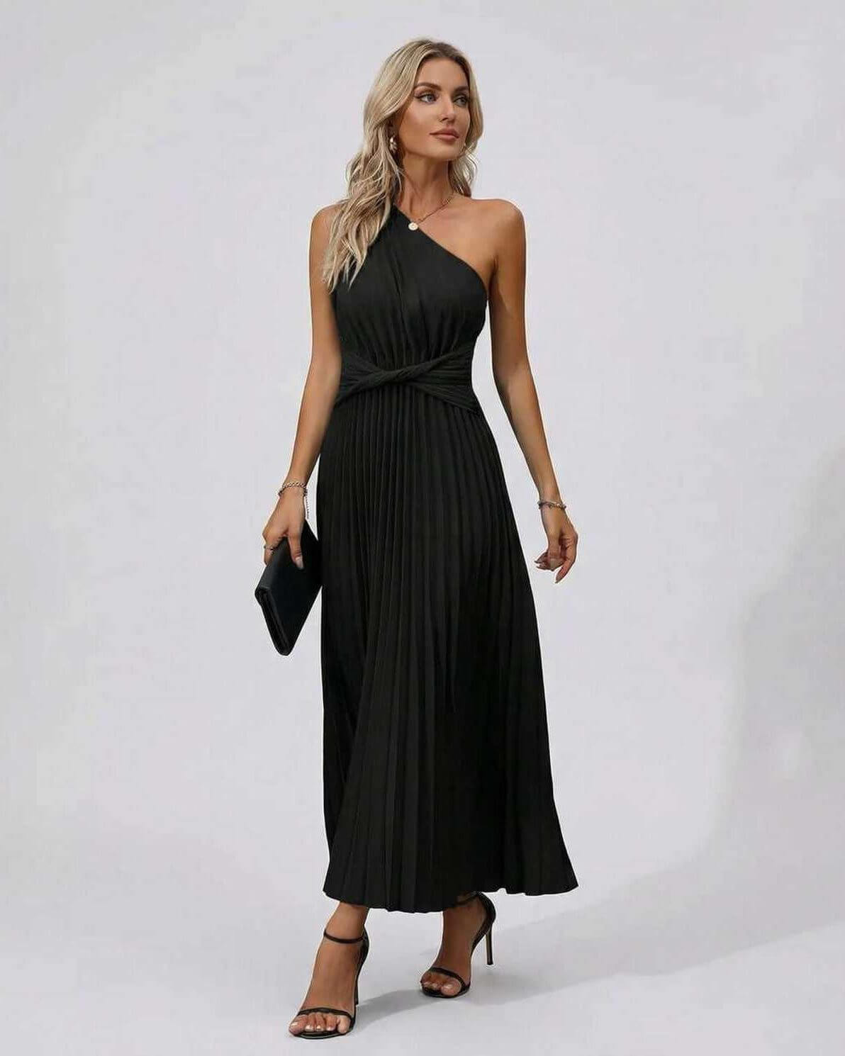 Elegant Nova Midi Dress by Lauven featuring one-shoulder design, twist front, and pleated hem, perfect for evening wear.