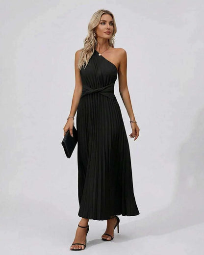 Elegant Nova Midi Dress by Lauven featuring one-shoulder design, twist front, and pleated hem, perfect for evening wear.