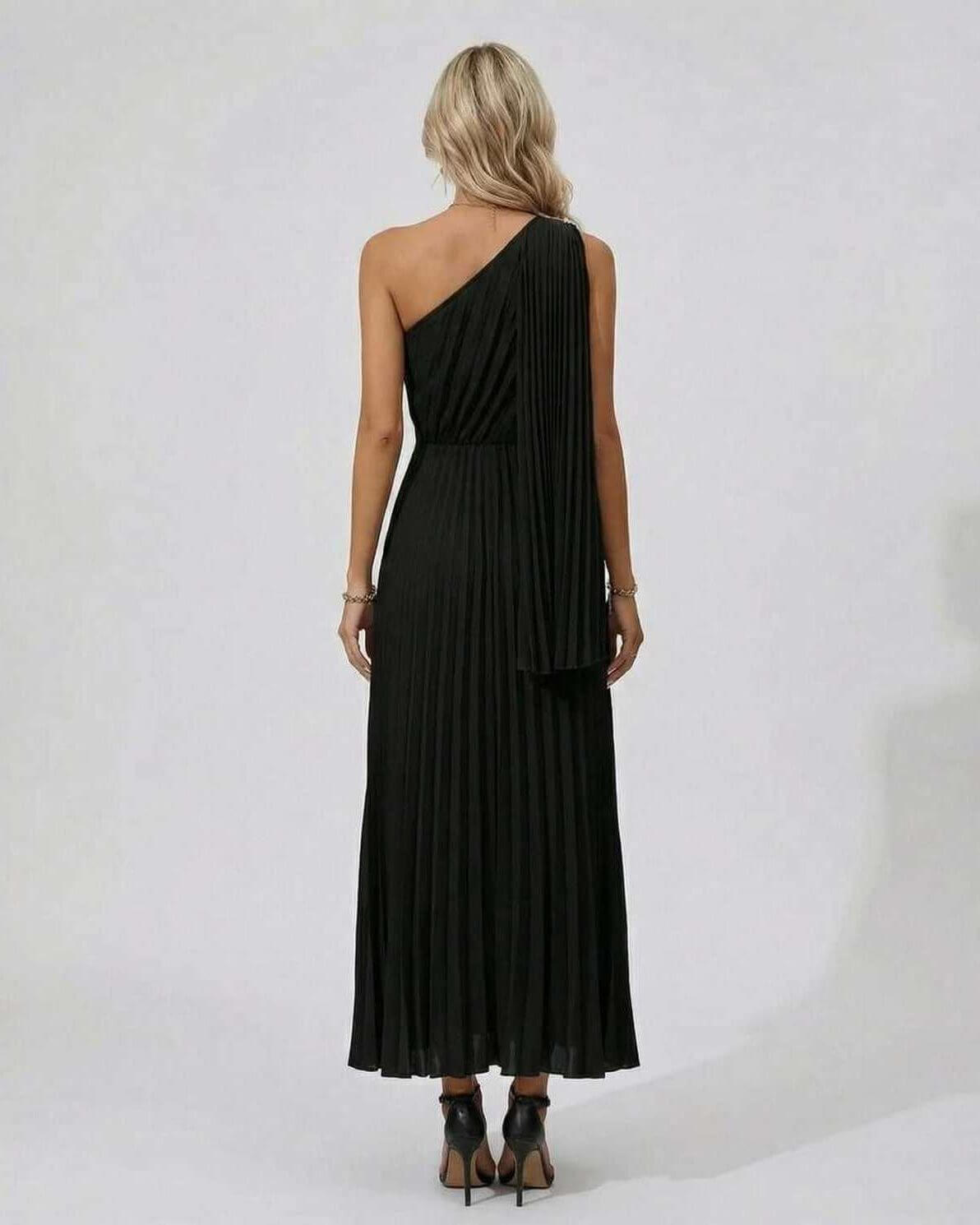 Nova Midi Dress by Lauven, elegant one-shoulder design with pleats, perfect for sophisticated evening wear.