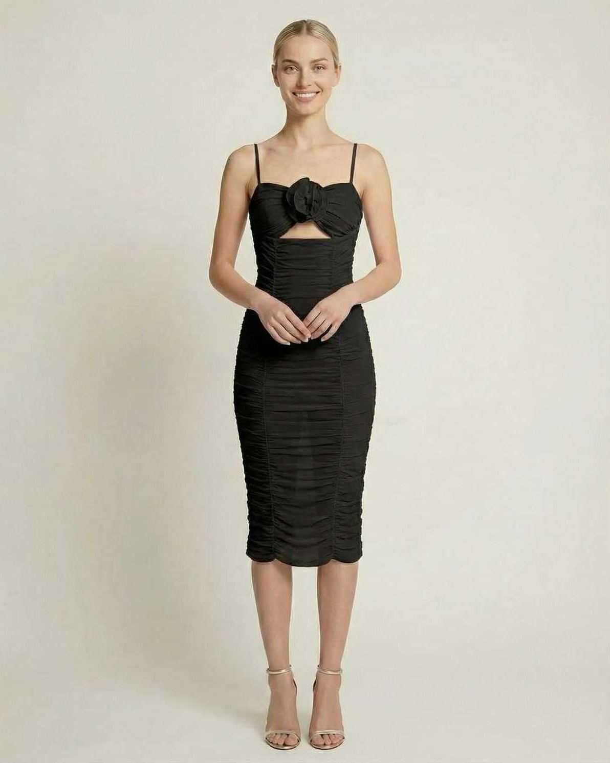 Nova Midi Dress by Lauven - Sleek black ruched evening dress with floral detailing, perfect for any formal event.