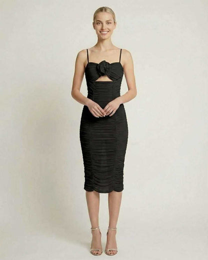 Nova Midi Dress by Lauven - Sleek black ruched evening dress with floral detailing, perfect for any formal event.