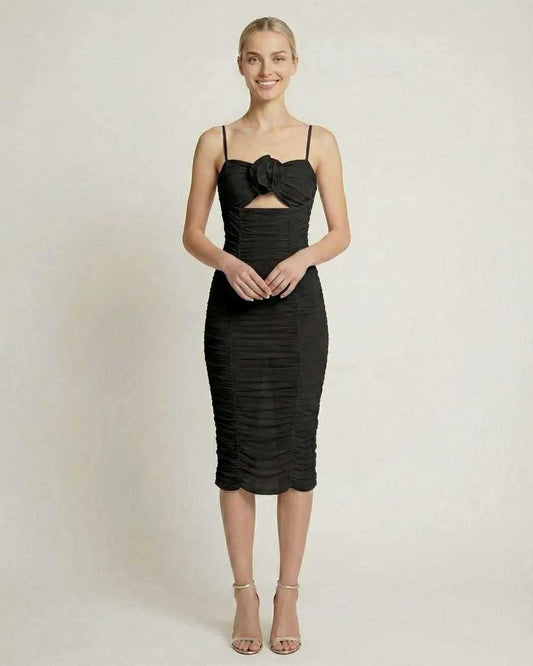 Nova Midi Dress by Lauven - Sleek black ruched evening dress with floral detailing, perfect for any formal event.