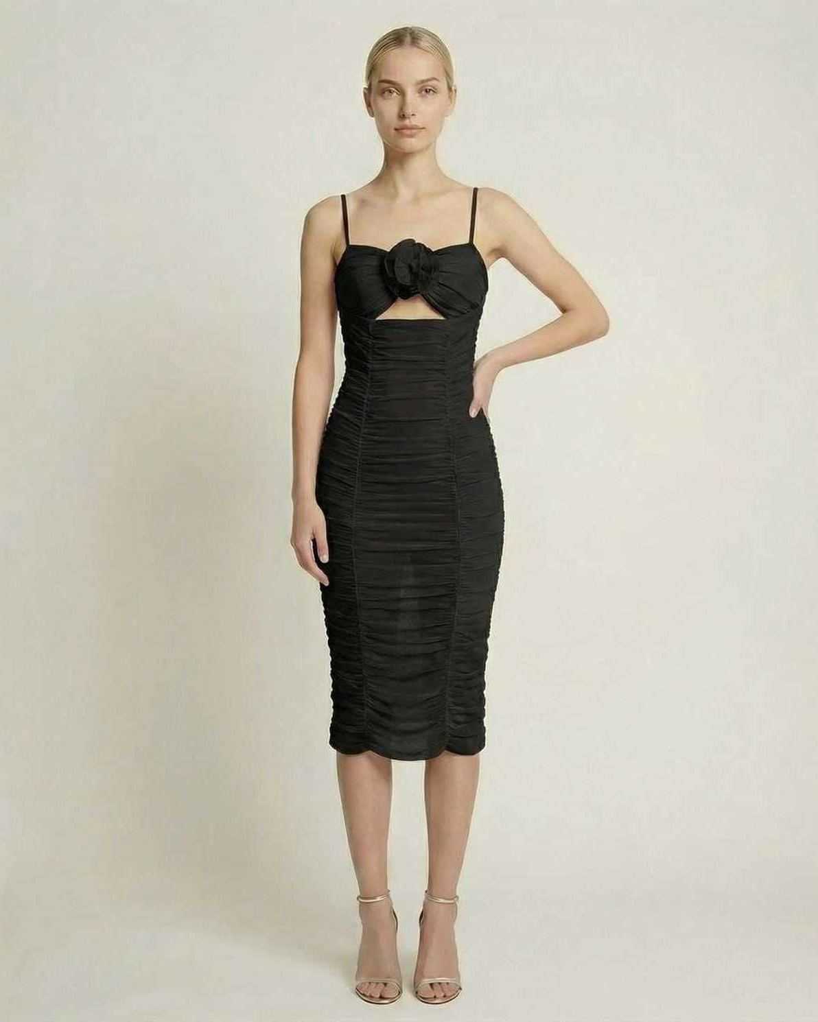 Nova Midi Dress by Lauven - Sleek black ruched evening dress with floral detail.