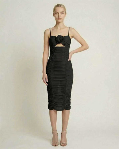 Nova Midi Dress by Lauven - Sleek black ruched evening dress with floral detail.