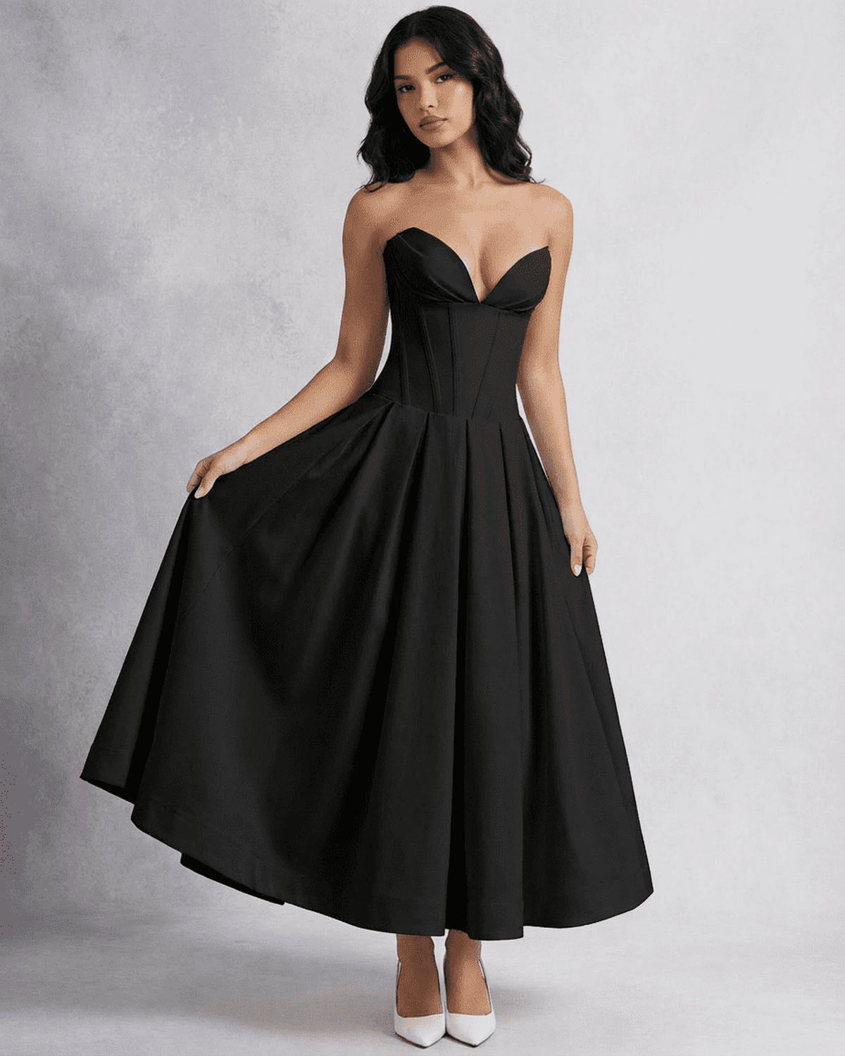 Lauven Nova Midi Dress - Sleek strapless corset A-line dress with flowing skirt, perfect for formal events.