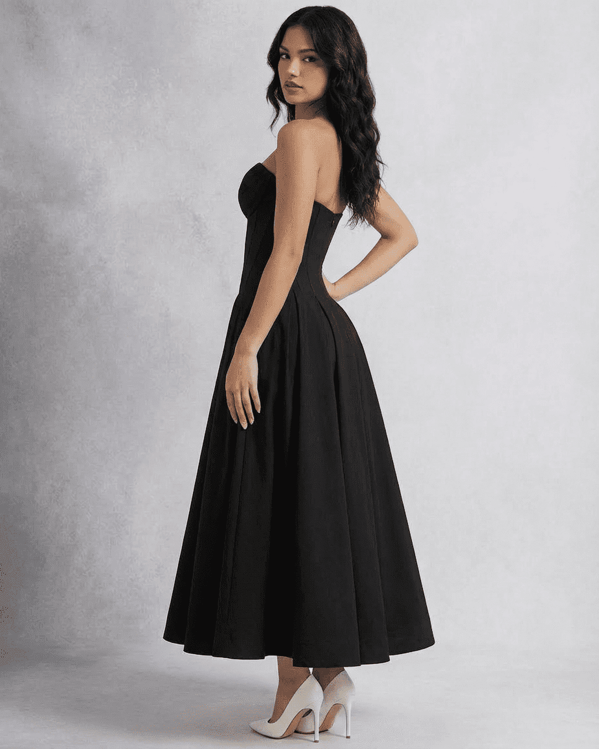 Nova Midi Dress by Lauven – Elegant strapless A-line dress featuring a flowing maxi skirt for formal occasions.