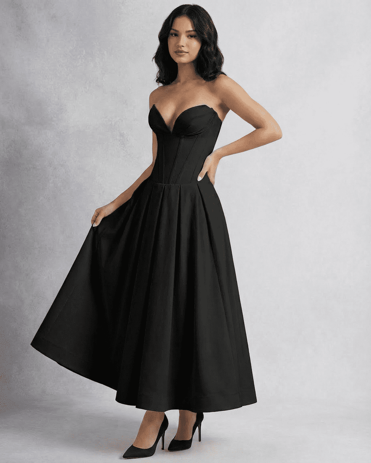 Nova Midi Dress by Lauven - Elegant strapless A-line dress with corset detailing and a flowing skirt.