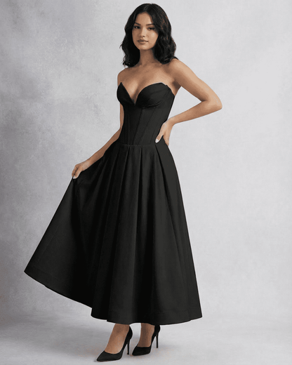 Nova Midi Dress by Lauven - Elegant strapless A-line dress with corset detailing and a flowing skirt.