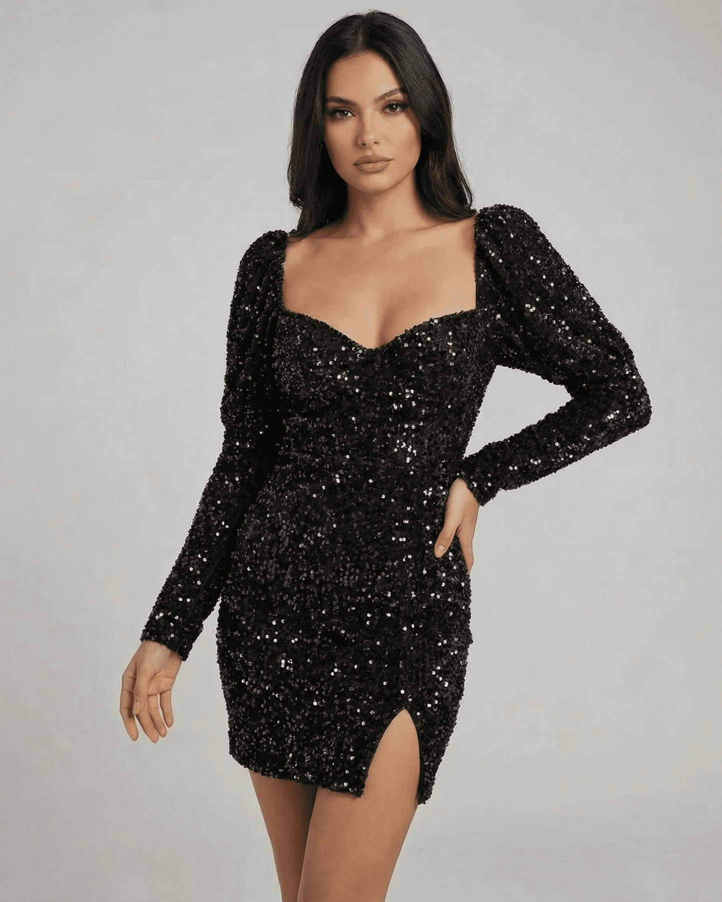 Nova Mini Dress by Lauven - Black sequin sheath dress with open back and stylish long sleeves.