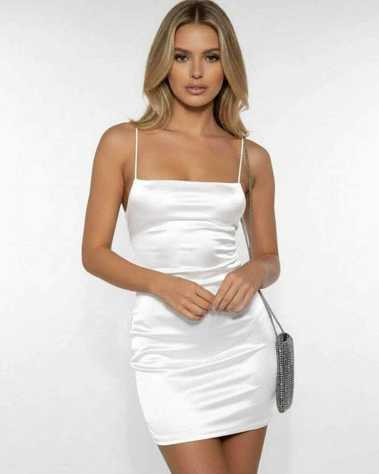 Nova Mini Dress by Lauven - Elegant satin white bodycon dress with spaghetti straps and square neckline.
