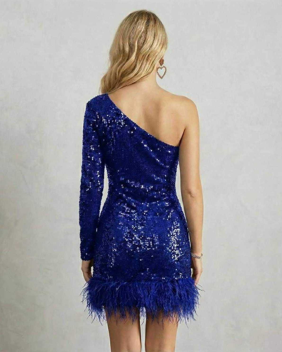 Lauven Nova Mini Dress - Blue one-shoulder sequin mini dress with feather hem, showcasing a chic A-line silhouette.