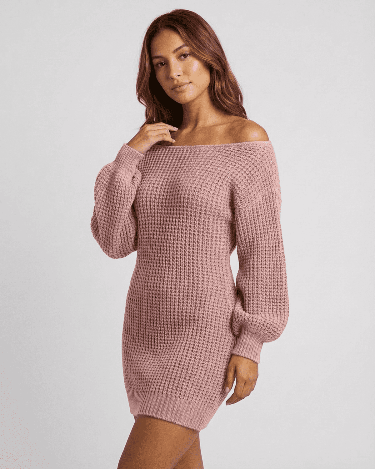 Nova Mini Dress by Lauven in soft pink ribbed knit with off-the-shoulder neckline and lantern sleeves.