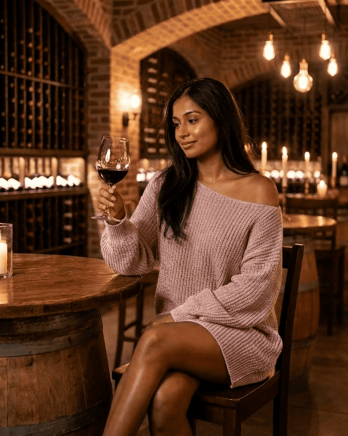 Model enjoying a glass of wine while wearing the Lauven Nova Mini Dress in a cozy wine cellar.