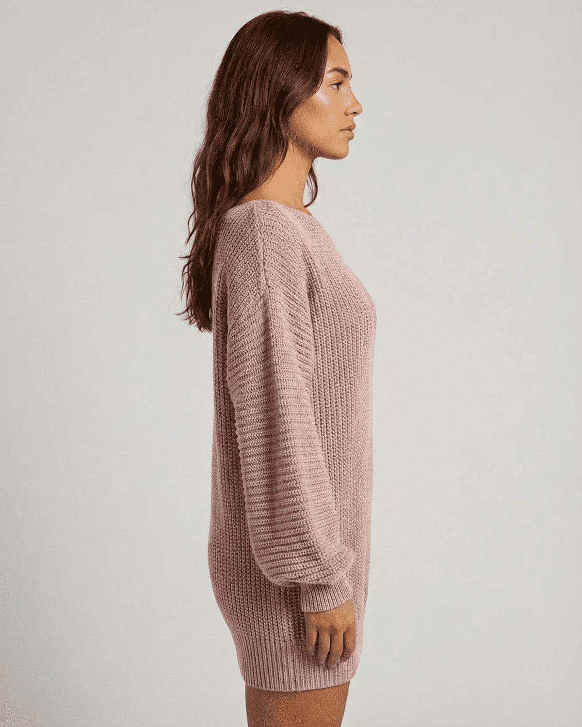 Nova Mini Dress by Lauven in soft pink ribbed knit showcasing an off-the-shoulder design and lantern sleeves.