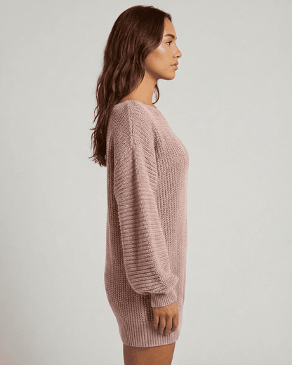 Nova Mini Dress by Lauven in soft pink ribbed knit showcasing an off-the-shoulder design and lantern sleeves.