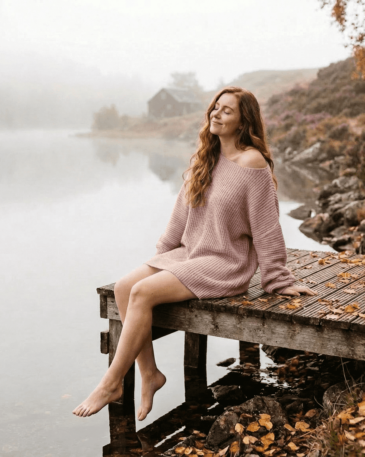 Nova Mini Dress by Lauven, showcasing a model in a soft pink ribbed knit off-the-shoulder design by a serene lake.