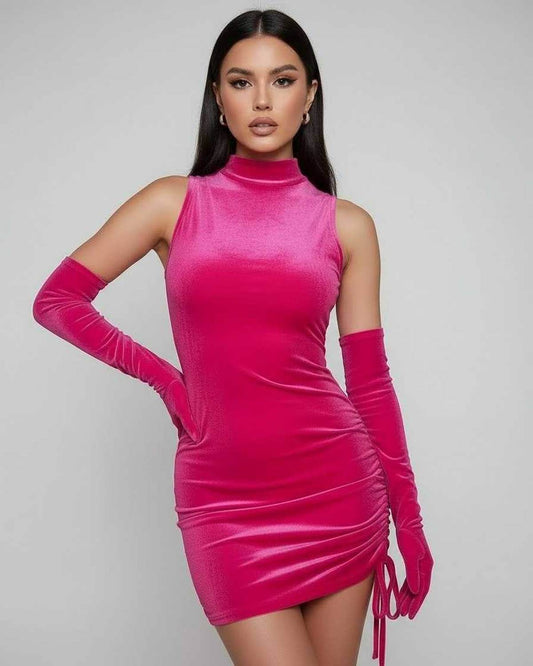 Nova Mini Dress by Lauven in vibrant pink velvet with ruched side and long gloves.