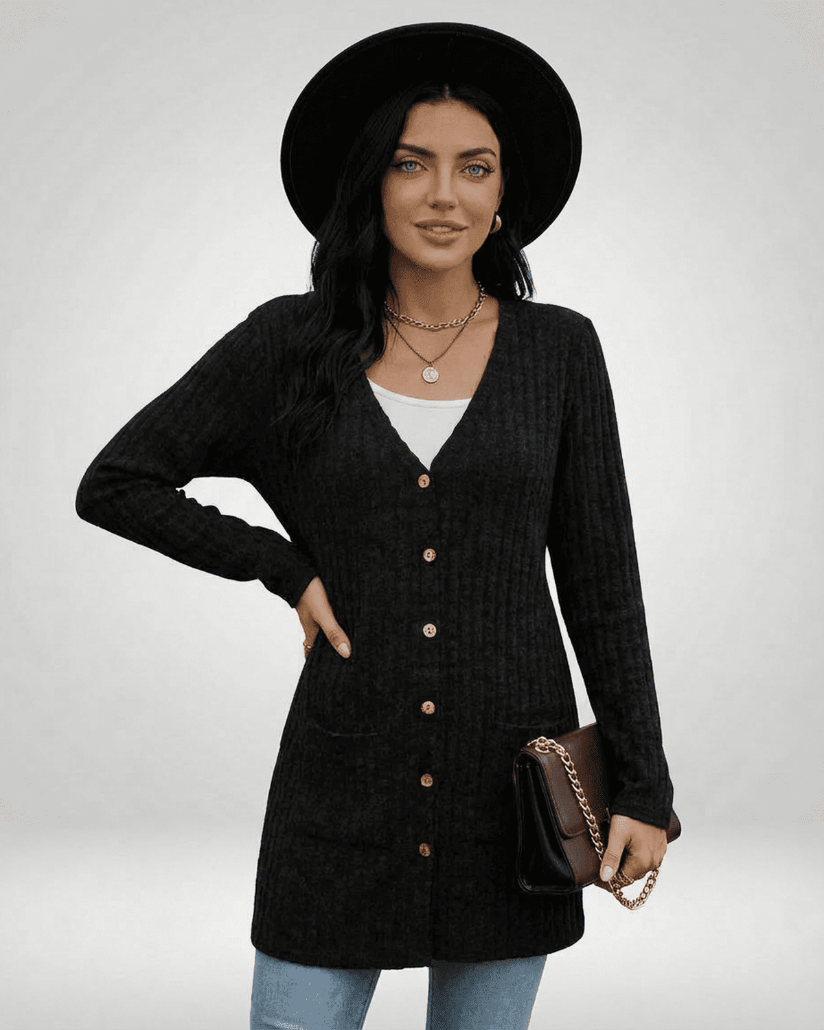 Nyx Cardigan by Lauven, women's longline button-front cardigan in black with a V-neckline and full-length sleeves.