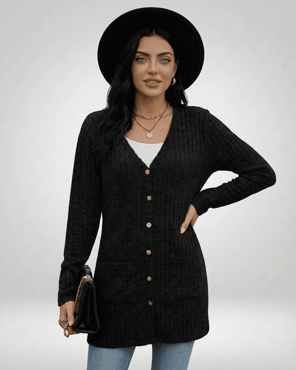 Nyx Cardigan by Lauven, a longline button-front women's cardigan in a textured black knit.