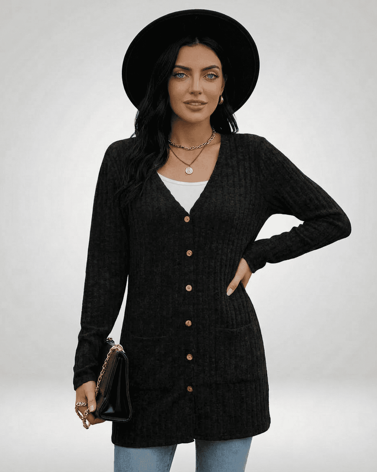 Nyx Cardigan by Lauven, stylish longline button-front women's cardigan with V-neckline and full-length sleeves.