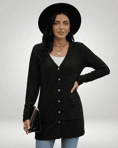 Nyx Cardigan by Lauven, stylish longline button-front women's cardigan with V-neckline and full-length sleeves.
