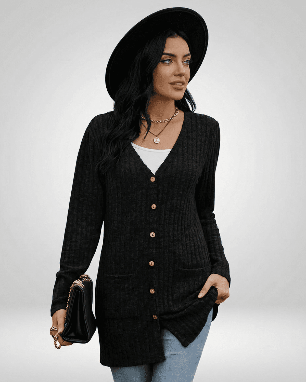 Nyx Cardigan from Lauven, featuring a longline silhouette and button-front design for women.