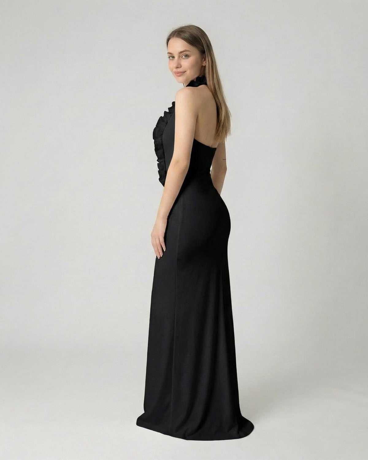 Nyx Maxi Dress by Lauven, black deep V neck backless maxi dress with 3D floral detail.