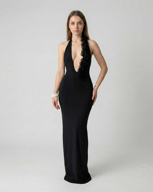 Nyx Maxi Dress by Lauven - Black deep V neck backless maxi dress with 3D floral detail showcasing a sleek silhouette.