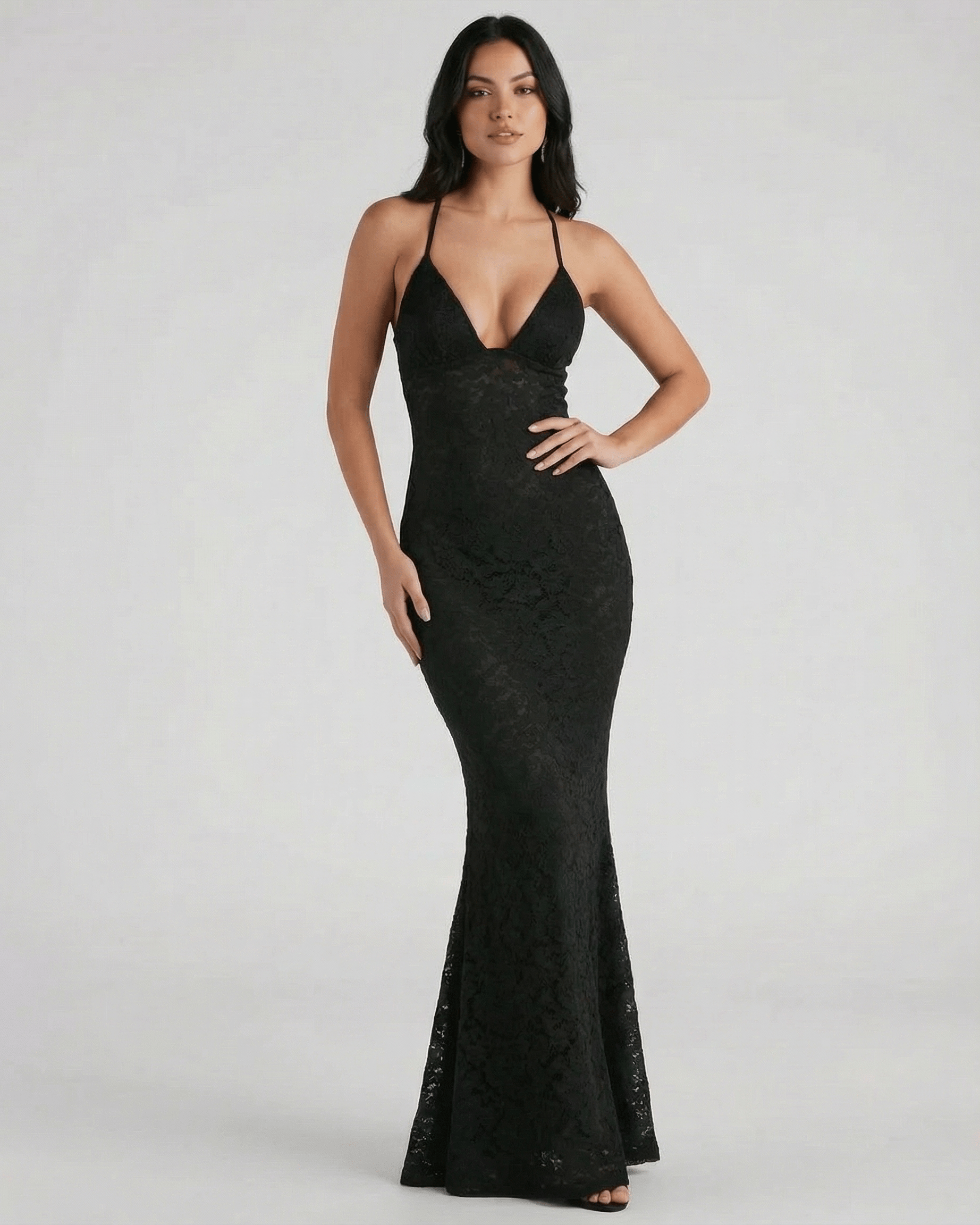 Nyx Maxi Dress by Lauven showcasing a sleek black lace V-neck trumpet silhouette, perfect for elegant occasions.